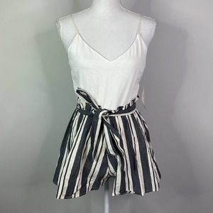 Altard State Women Romper Shorts Lora Stripe Front Tie Ivory Navy Blue Medium